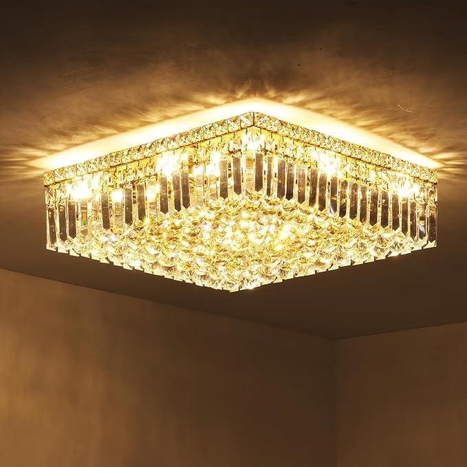 12-Lights Gold Crystal Flush Mount Ceiling Light Fixtures,Elegant Crystal Chandelier Pendant Ceiling Lamp for Bedroom,Living Room,Dining Room,Hallway H5.9 x W20 x L20 (Bulb Not Included) Square-HomvellaHome