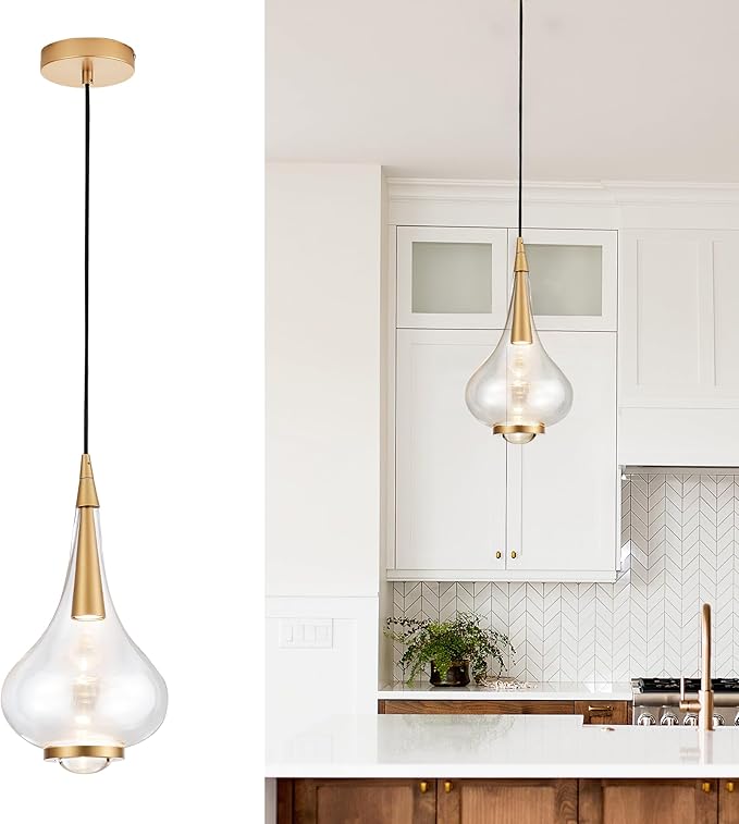 1-Light Teardrop Pendant Light, Brass Gold Ceiling Hanging Light Fxitures, LED Light Fixtures Ceiling Glass Pendant Lighting for Kitchen Island Dining Room Bar-HomvellaHome