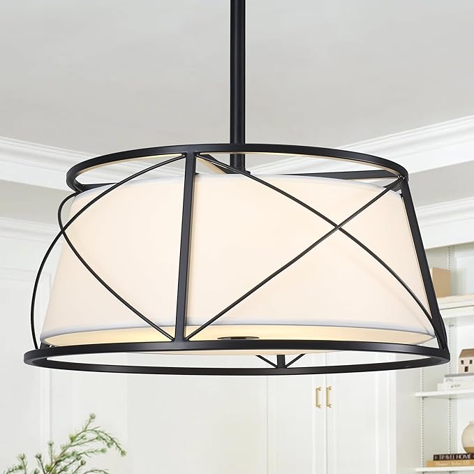 15.7" Black Drum Chandelier,3-Light Modern Farmhouse Chandelier,White Fabric Drum Shade Pendant Light Fixture for Dining Room Kitchen Island Bedroom Entryway-HomvellaHome