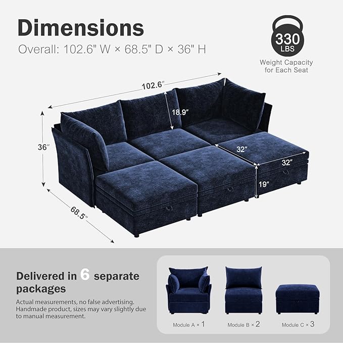 102.6" Luxury Modular Sleeper Sofa Bed 6 Seat Reversible Sectional Couch Deep Seat with Storage Chaises Removable Cover for Living Room, Apartment - Chenille Blue-HomvellaHome