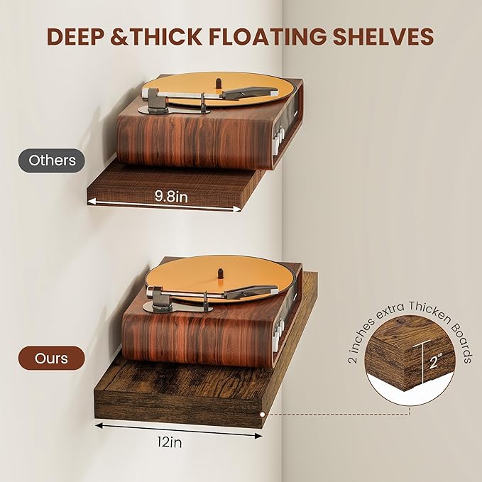 12" Deep Floating Shelves for Wall 48 Inches Long, Heavy Duty Wall Shelves for Bedroom Bathroom Kitchen Laundry Room, Farmhouse Rustic Shelves for Home Decor, 48" X 12" X 2" Set Of 2, Rustic Brown-HomvellaHome