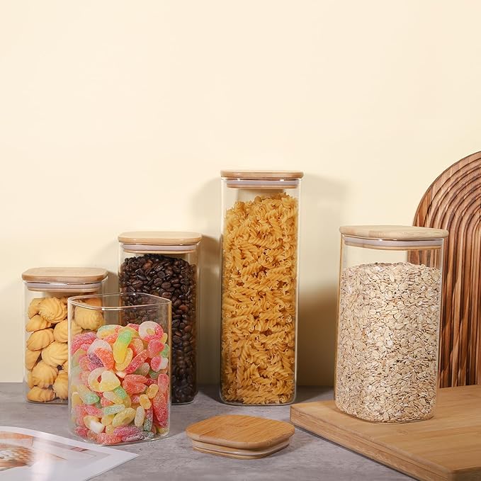 Glass Food Storage Jars 76 oz Set of 3,Glass Storage Containers Clear Glass Food Canister with Bamboo Lid Airtight For Serving Tea, Coffee, Flour, Sugar, Candy, Cookie, Spice and More (Square)-HomvellaHome