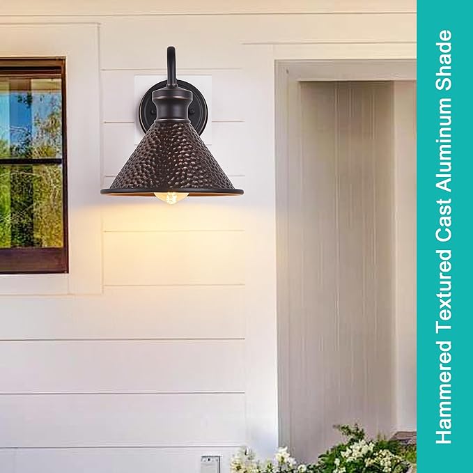 2 Pack Dusk to Dawn Outdoor Wall Light Fixtures Photocell Sensor, Exterior Sconce Light with Cast Hammered Aluminum Shade, Outside Wall Mount Lamp for House Patio Garage Entryway Doorway-HomvellaHome