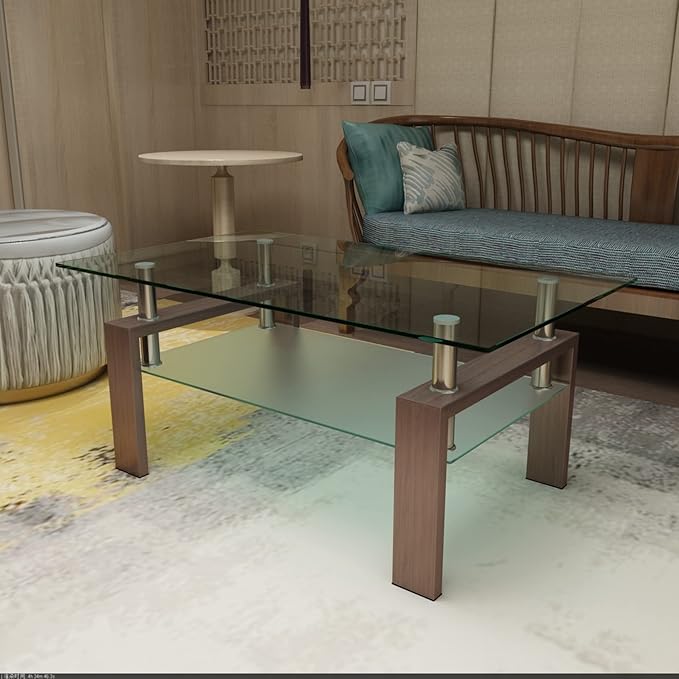Glass Coffee Table for Living Room, Mordern Sofa Center Tables with Storage, Brown Metal Leg, Rectangle Tempered Glass Center Table Home Furniture-HomvellaHome