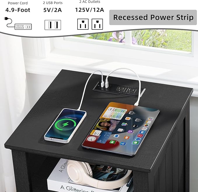 18" Night Stands Set of 2 with Charging Station, Farmhouse 2 & 3 Drawers End Table Dresser for Bedroom, Black Wooden Nightstand, Bed Side Table with Open Shelf, Bedside Cabinet for Living Room-HomvellaHome