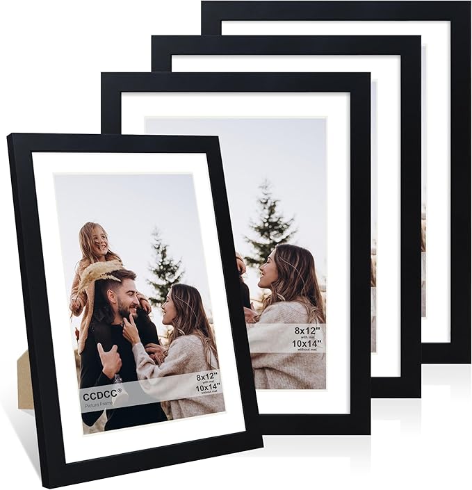 10x14 Picture Frame Set of 4, 10 x 14 Wood Photo Frames with Mat for 8x12 or 30x40cm Diamond Painting Art, Wooden Frame with Real Glass Cover for Wall and Tabletop Display,Black-HomvellaHome