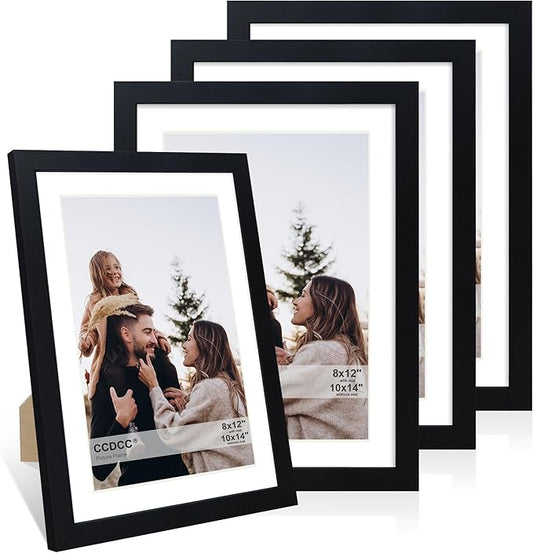 10x14 Picture Frame Set of 4, 10 x 14 Wood Photo Frames with Mat for 8x12 or 30x40cm Diamond Painting Art, Wooden Frame with Real Glass Cover for Wall and Tabletop Display,Black-HomvellaHome