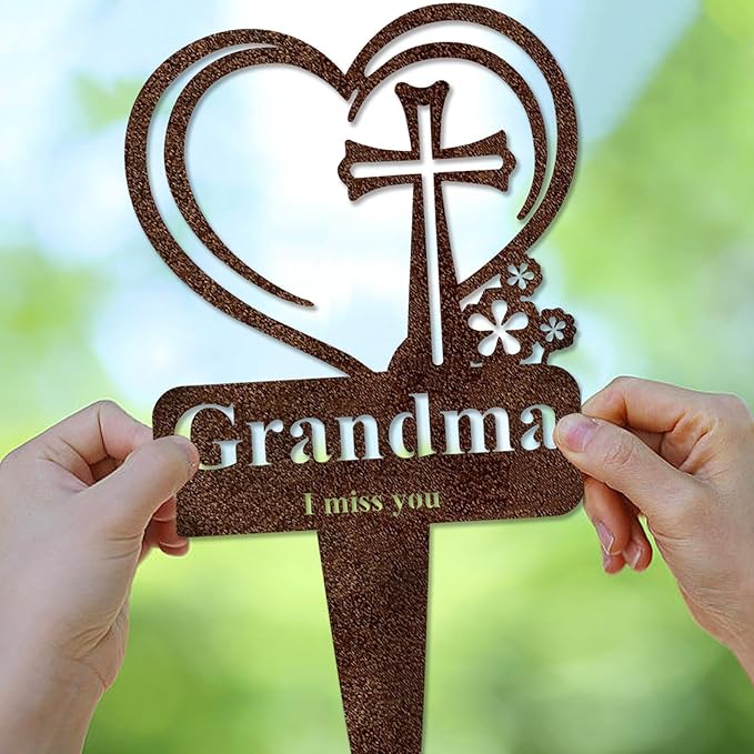 Grandma Memorial Grave Stake, Cemetery Decorations for Grave Markers 12.5 x 7.2 inch Heart Metal Sympathy Stakes Graveside Plaque Decor Sign for Grandma Graves, Yard, Garden - Rust-Grandma-HomvellaHome