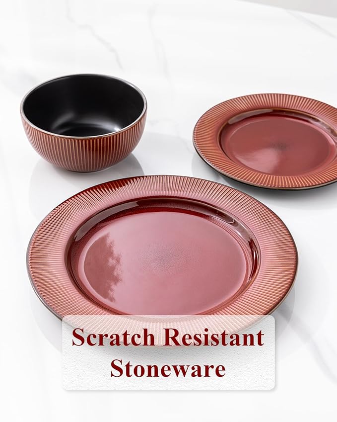 GBHOME Ceramic Dinnerware Sets,12 pcs Embossed Elegant Stoneware Plates and Bowls Sets, Housewarming Wedding Gift | Dishwasher & Microwave Safe | Dishes Set Service for 4-HomvellaHome