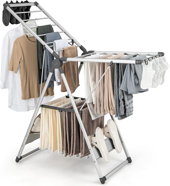 Giantex Clothes Drying Rack, 2-Layer Aluminum Foldable Laundry Drying Rack with 5-Level Adjustable Height, 21 Drying Rails, 10 Side Clips, 4 Shoe Holders, Space Saving Collapsible Laundry Drying Rack-HomvellaHome