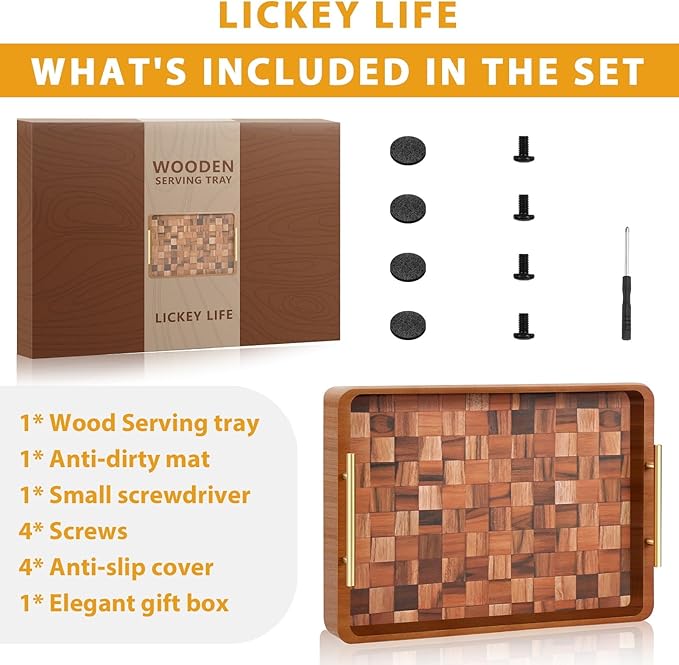 Wooden Serving Tray with Handles Mat, Decorative Coffee Table Trays, Wood Ottoman Tray for Serving Food Drink Breakfast Dinner,1 Pcs-HomvellaHome