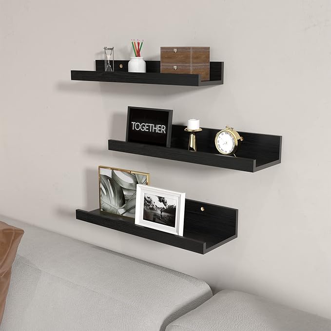 Giftgarden 16 Inch Black Floating Shelves for Wall Mount, Woodgrain Wall Shelf Ledge for Bathroom Bedroom Kitchen Living Room Office Storage, Set of 3 Different Sizes-HomvellaHome