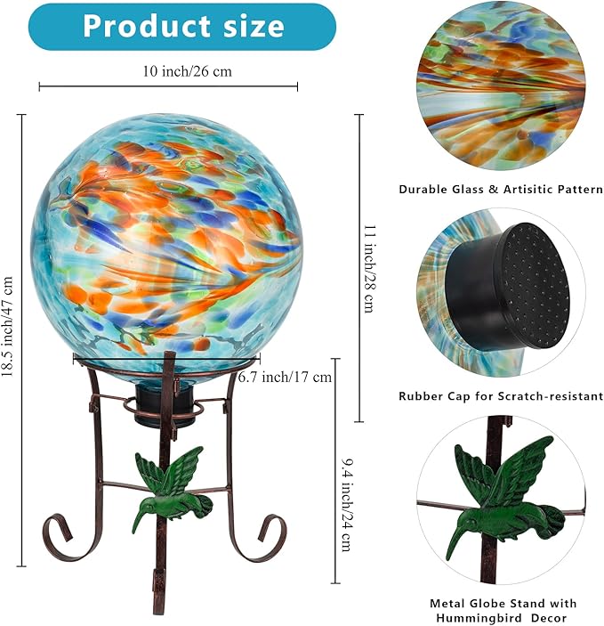 10 Inch Glass Gazing Ball, with 9.4" Tall Metal Gazing Globe Stand, Glass Balls Display Holder Set for Outdoor Garden Lawn Yard Decoration, Blue Artistic-HomvellaHome