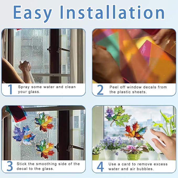 14pcs Window Decals for Bird Strikes, Anti Collision Window Clings, Rainbow Reflection Window Sticker, Maple Leaf Style Sun Catcher Stickers for Glass Windows-HomvellaHome