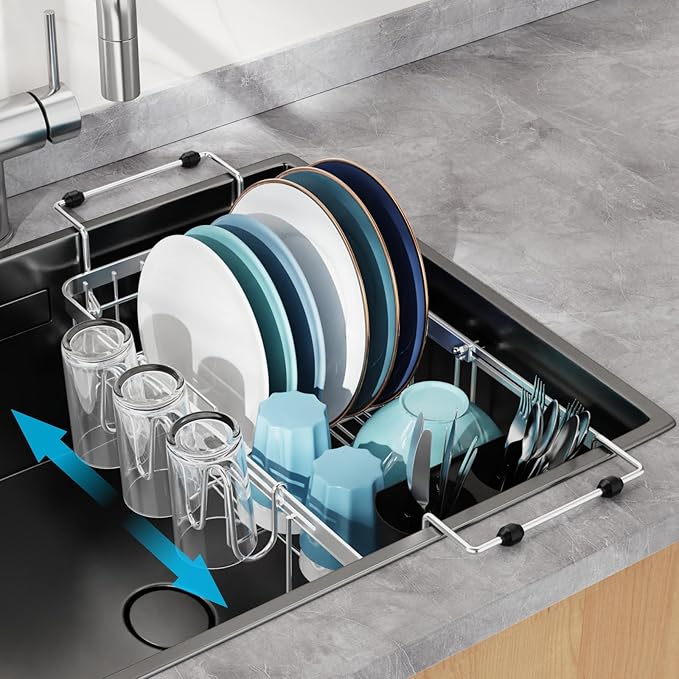 GSlife Expandable in Sink Small Dish Drying Rack - Stainless Steel Capacity Adjustable Over The Sink Dish Rack with Cup Holder (12" -16.8"), Dish Drainer for Kitchen Sink with Utensil Holder, Silver-HomvellaHome