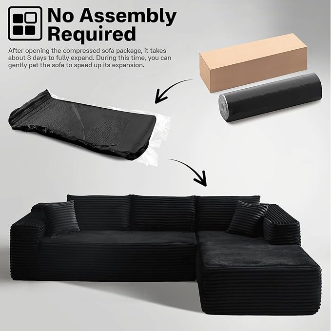 104" Cloudy Sectional L Shaped Couch for Living Room, No Assembly Required, Modular Comfy Sofa with Deep Seat, Fluffy Couch with Sleeper Chaise for Apartment Lounge (Black)-HomvellaHome