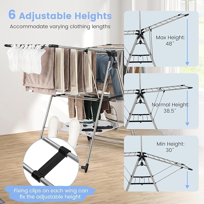 Giantex Clothes Drying Rack, Foldable Laundry Drying Rack with with 6-Level Adjustable Height, High Hanger Design, Side Clips, Space Saving Collapsible Laundry Drying Rack-HomvellaHome