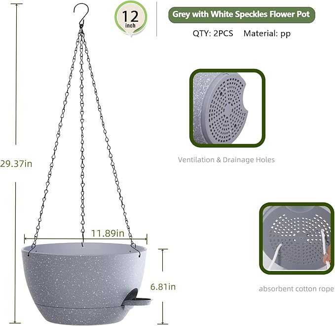 12 Inch Hanging Baskets 2 PC with Chains, Self-Watering Hanging Planters for Indoor Outdoor Plants, Plastic Hanging Flower Pots,Speckled Grey-HomvellaHome