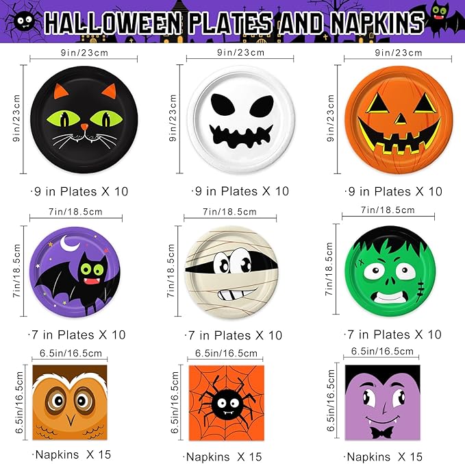 105PCS Halloween Paper Plates Ghosts Pumpkin Skull Spider Web Design for Halloween Party Decorations Supplies, Serves 30-HomvellaHome