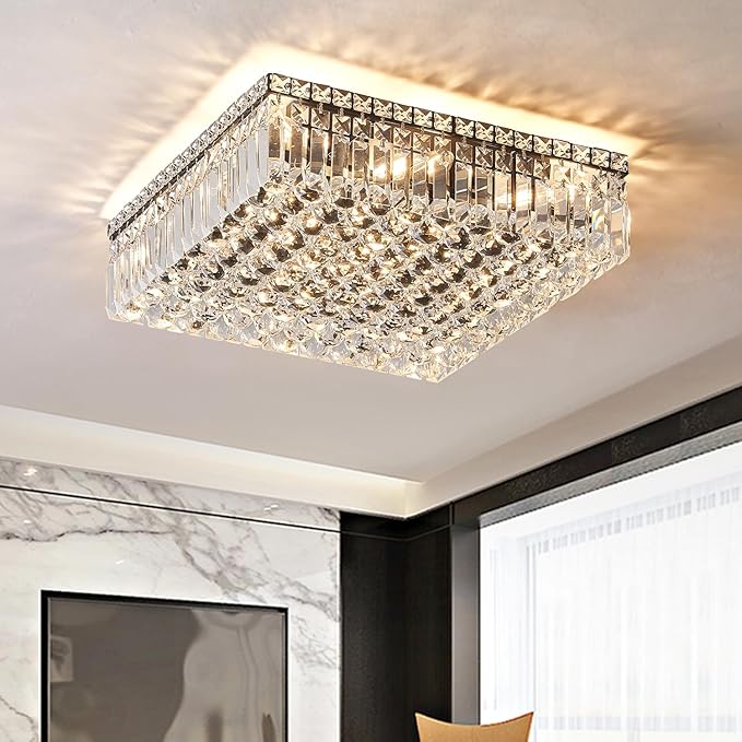 12-Lights Black Crystal Flush Mount Ceiling Light Fixtures,Elegant Crystal Chandelier Pendant Ceiling Lamp for Bedroom,Living Room,Dining Room,Hallway H5.9 x W20 x L20 (Bulb Not Included)Square-HomvellaHome