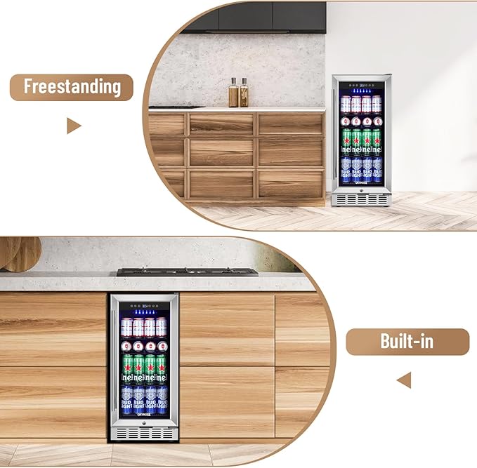 15 Inch Beverage Refrigerator, 130 Can Capacity Under Counter Fridge with Lock & Glass Door, Quiet Built-in or Freestanding Beer Cooler, Powerful Compressor for Fast Cooling-HomvellaHome