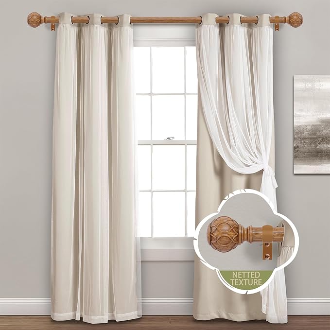 2 Pack Wood Curtain Rods for Windows 66 to 120 Inch,1 Inch Adjustable Curtain Rod Set,Heavy Duty Curtain Rods,Wooden Netted Texture Drapery Rods,Single Window Curtains Rods 66-120",Brown Wood-HomvellaHome