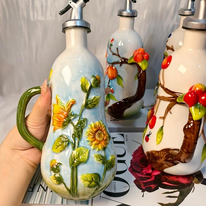 18 Oz Hand Painted Relief Ceramic Olive Oil Bottle Dispenser for Kitchen, Oil and Vinegar Bottle, Seasoning Bottle with Stainless Steel Nozzle, 540mL Oil Container with Handle for Cooking, Light Proof-HomvellaHome
