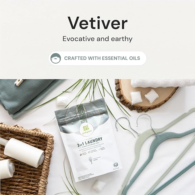 Grab Green 3-in-1 Laundry Detergent Pods, 132 Count, Vetiver Scent, Plant and Mineral Based, Superior Cleaning Power, Stain Remover, Brightens Clothes-HomvellaHome