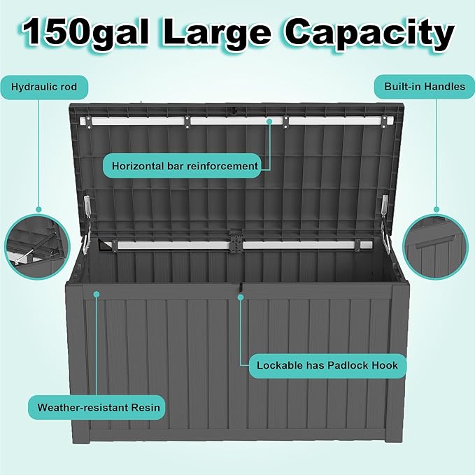 150Gal Outdoor Deck Box Waterproof, Lager Patio Storage Box Indoor and Outdoor Use, Lockable Resin Storage Bin for Patio Furniture Cushions Garden Tools, Package Delivery,UV Resistant-Black-HomvellaHome