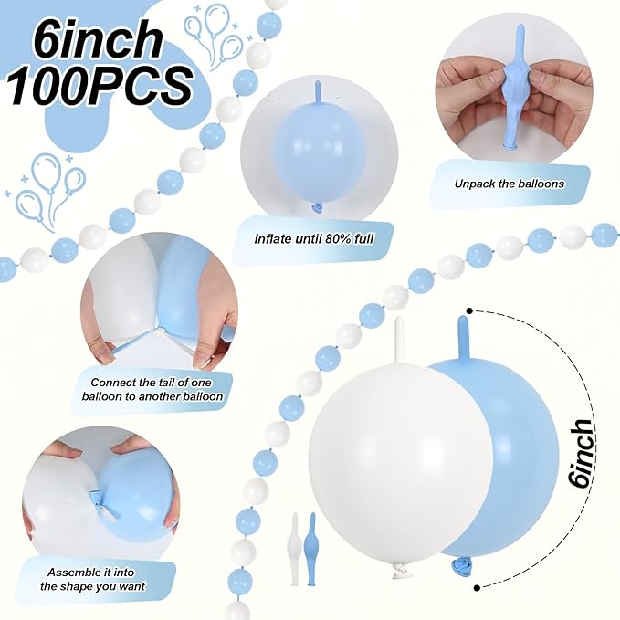 100PCS Blue and White Link Balloons, Baby Light Blue White Linking Balloons with Tail for Making Balloon Wall Arch and Chains, Quick Balloon for Wedding Birthday Baby Shower Party Decorations (6inch)-HomvellaHome