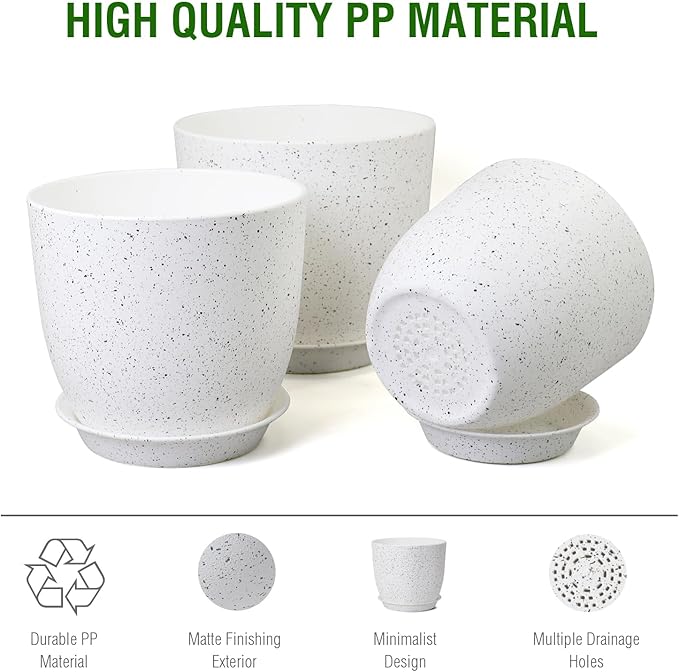 10/9/8 inch Medium Plant Pots, Set of 3 Modern Decorative Plastic Planters with Drainage Holes and Saucers for Garden House Plants, Flower Pots for Indoor Outdoor Plants, Speckled White-HomvellaHome