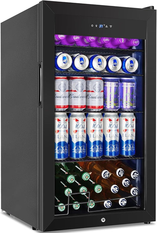 128 Cans Beverage Refrigerator Cooler, 3.2 Cu.Ft Mini Drink Fridge Glass Door for Drink Beer Soda Wine, Small Beer Fridge with 4 Removable Shelves for Kitchen Bedroom, Office Bar Gaming Room, Black-HomvellaHome