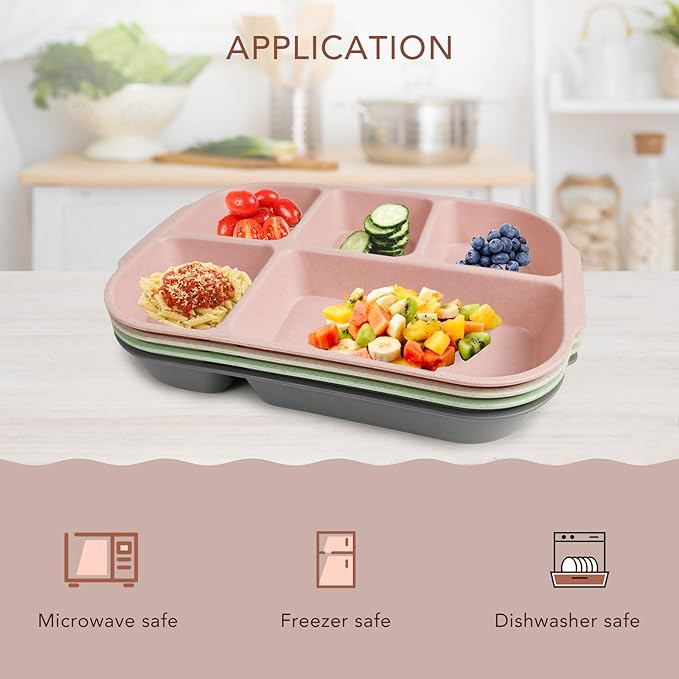greenandlife 10.8 Inch 4PCS Divided Plates for Kids Adults, Portion Control Plates, Dishwasher & Microwave Safe Compartment Plate, Unbreakable Lightweight Reusable Wheat Straw Plates, INS-HomvellaHome