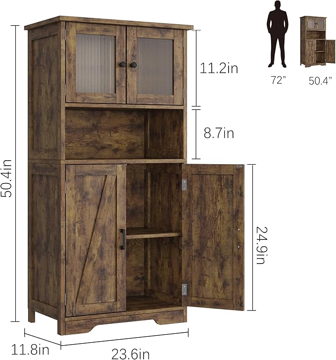 GarveeHome 54in Tall Bathroom Cabinet, Farmhouse Storage Cabinet with Glass Doors and Adjustable Shelves, Freestanding Kitchen Pantry Cabinets, Cupboard for Living Room, Dining Room, Rustic Brown-HomvellaHome