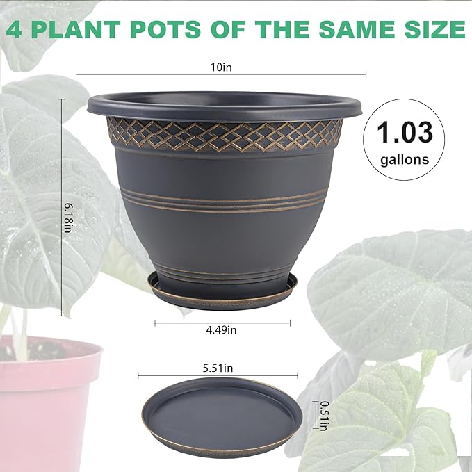 10 Inch 4 Pack Large Plant Pots, Plastic Flower Pot for Indoor & Outdoor with Drainage Holes & Saucer, Plaid Pattern Planters Garden Pots for Herbs-HomvellaHome
