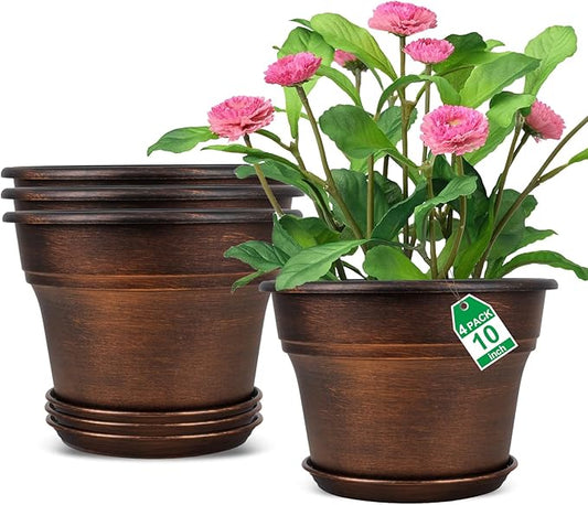 10 Inch Planters Plant Pots Indoor Outdoor, 4 Pack Plastic Flower Pot for Indoor Plants with Drainage Holes & Trays, Resin Decorative Container Sets with Saucer for House Garden Copper-HomvellaHome