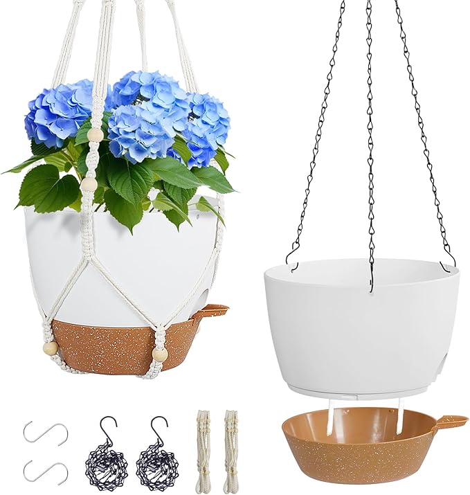 10 inch Self Watering Hanging Planters, 2 Pack Hanging Baskets for Indoor Outdoor Plants, Hanging Flower Pots with Drainage Holes & 2 Kinds of Plant Hangers for Garden Home Décor, White Brown-HomvellaHome