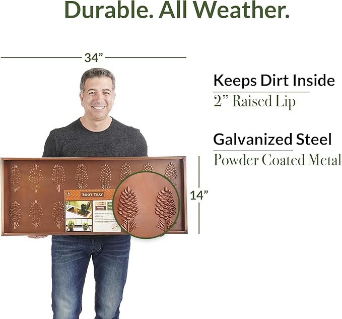 Good Directions Large Boot Tray, Pine Cones Multi-Purpose All Weather Decorative Boot Tray, Shoes, Plants, Garage, Patio Door, Pet Bowls, 35 inch Entry Indoor Shoe Tray, Copper Finish-HomvellaHome