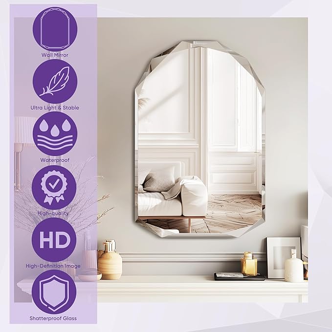 Bathroom Mirror for Wall, 30" x 48" Arched Mirror, Bathroom Vanity Mirror, Beveled Edge Frameless Wall Mount Vanity Mirrors, Wall Mirrors Decorative, Irregular Beveled Edge Mirror-HomvellaHome