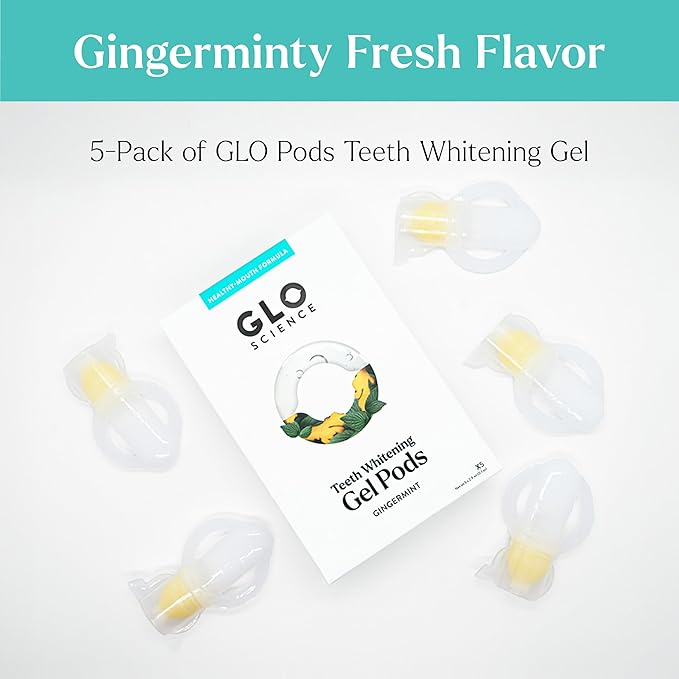GLO Science Teeth Whitening Gel Pods – Safe, Effective Tooth Whitener with Silicon Brush, 6% Hydrogen Peroxide – Fastest Way to Whiter Teeth, Sensitivity Free – Gingermint Flavor (Pack of 5)-HomvellaHome