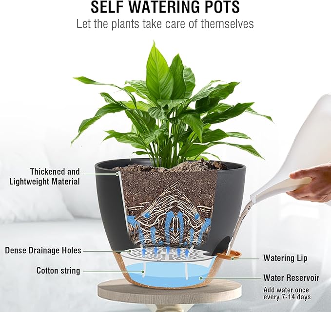 10 inch Self Watering Hanging Planters, 2 Pack Hanging Flower Pots for Indoor Outdoor Plants, Hanging Baskets with Drainage Holes & 2 Kinds of Plant Hangers for Garden Home Decor, Black Brown-HomvellaHome
