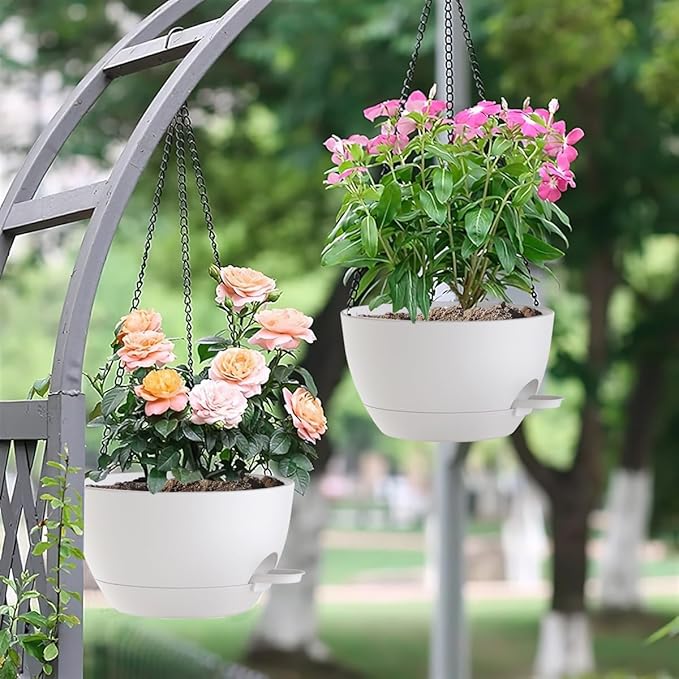 12 Inch Hanging Baskets 2 PC with Chains, Self-Watering Hanging Planters for Indoor Outdoor Plants, Plastic Hanging Flower Pots,White-HomvellaHome