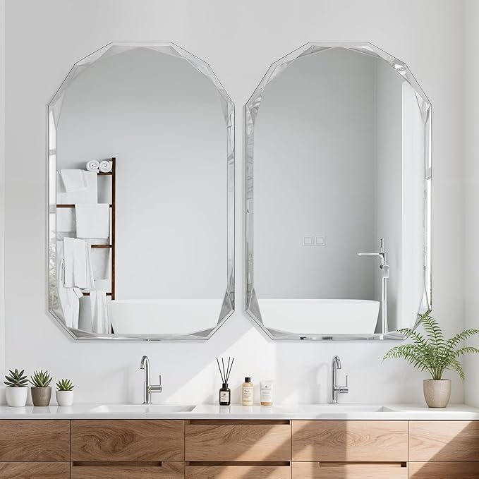 Bathroom Mirror for Wall, 30" x 48" Arched Mirror, Bathroom Vanity Mirror, Beveled Edge Frameless Wall Mount Vanity Mirrors, Wall Mirrors Decorative, Irregular Beveled Edge Mirror-HomvellaHome