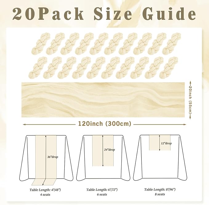 10FT 20 Pack Beige Cheesecloth Table Runner 20 x 120 Inch Long Rustic Gauze Fabric Cheese Cloth Table Runner for Wedding Bridal Baby Shower Table Decorations Boho Sheer Birthday Party Table Decor-HomvellaHome