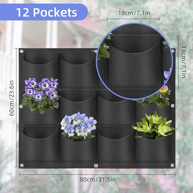 12 Pockets Hanging Planter Bags, Hanging Vertical Wall Mounted Plant Planting Grow Bags, Herb Garden Planter Outdoor Indoor Growing Bag, Gardening Vertical Greening Flower Container(0.6m×0.8m, Black)-HomvellaHome