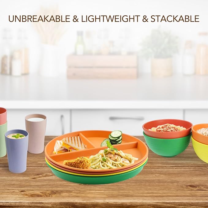 greenandlife 9 Inch 4PCS Unbreakable Portion Control Plates, Divided Plates for Kids Adults, Dishwasher & Microwave Safe Compartment Plate, Lightweight Reusable Wheat Straw Plate, BPA Free-HomvellaHome