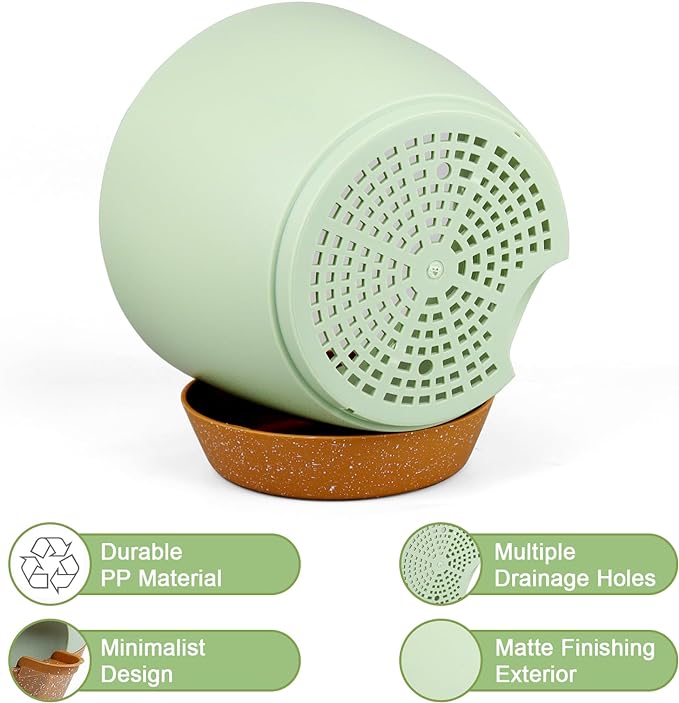 10/9/8 inch Self Watering Pots, Planter, Plant Pots with Mesh Drainage Holes for Indoor Outdoor Garden Plants, Plastic Flower Pots with Deep Reservoir for House Plants, Green with Brown-HomvellaHome