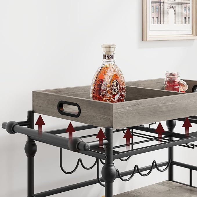 GarveeHome Bar Cart, Bar Carts for The Home, 3 Tier Serving Cart with Wheels, Home Bar & Serving Carts, Metal Rolling Cart with Wine Rack & Removable Tray for Kitchen, Dining Room, Living Room-Grey-HomvellaHome