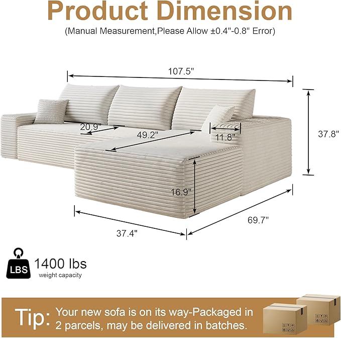 108" Sectional Couches for Living Room Modern Modular Sofa with L-Shape Couchs Upholstered Boneless Couch Deep Seat Sectional Couch with Chaise (White, Right Facing Chaise+2Seaters)-HomvellaHome