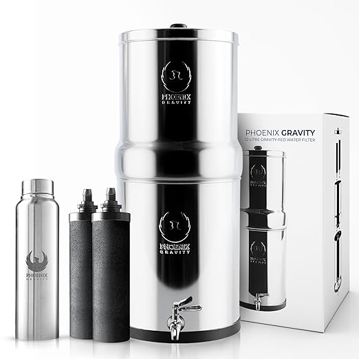 Gravity Water Filter System - 3.25 Gallons - NSF Certified - AISI 304 Stainless Steel Countertop Water Filter System with 2 Smart (Black) Carbon Filter Elements & Free Stainless Steel Water Spigot-HomvellaHome